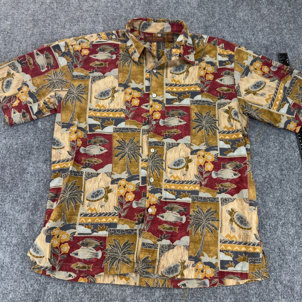 Tori Richard Hawaiian Sea Turtle Fish Print Shirt Made in USA Tan Size L